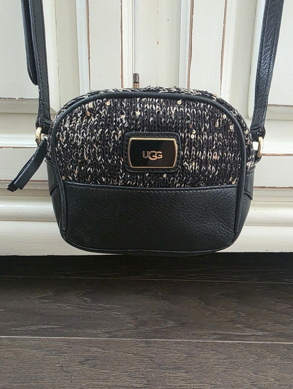 UGG black and metallic gold sequin knit crossbody bag
